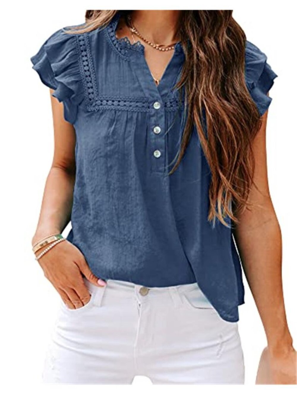 Navy Lace Crochet V Neck Blouse Button Down Short Sleeve Casual Top Women Shirt